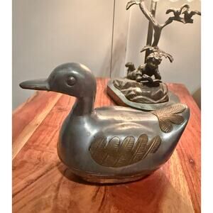 Vintage Brass & Pewter Duck Figure Trinket Box, Men’s Dresser Box